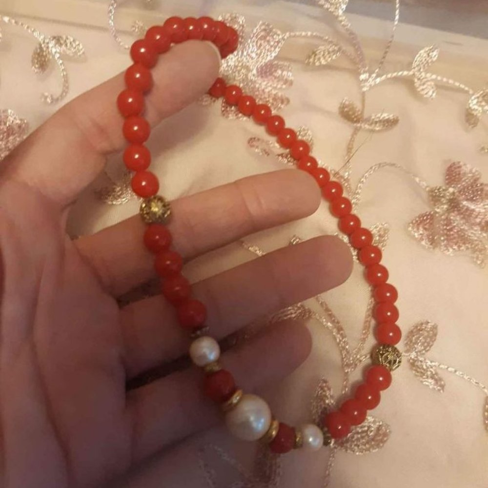 Vintage 1928 necklace red and pearl and gold tone beads